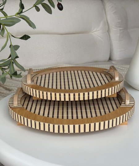 طقم صواني خشب  مدور قطعتين  (34+29سم)