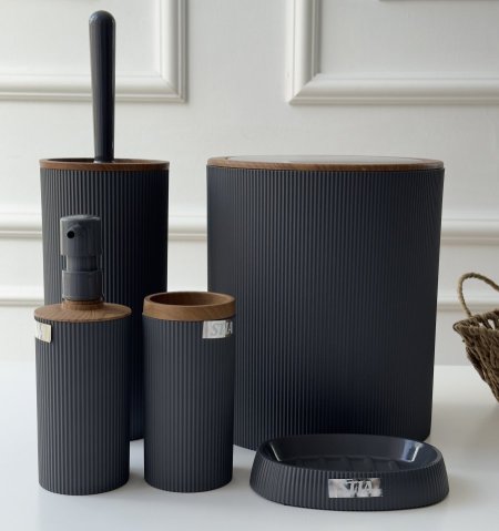 طقم حمام محزز مدور خشبي 5 قطع