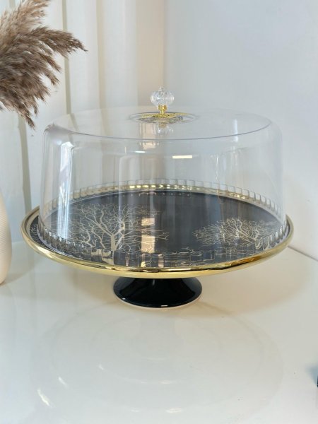 جاط كعك برجل مع غطاء مدور مشجر حز ذهبي 