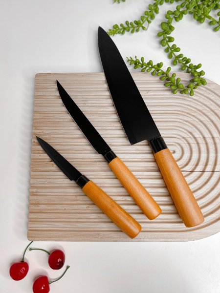 طقم3سكاكين مطبخ يد خشب