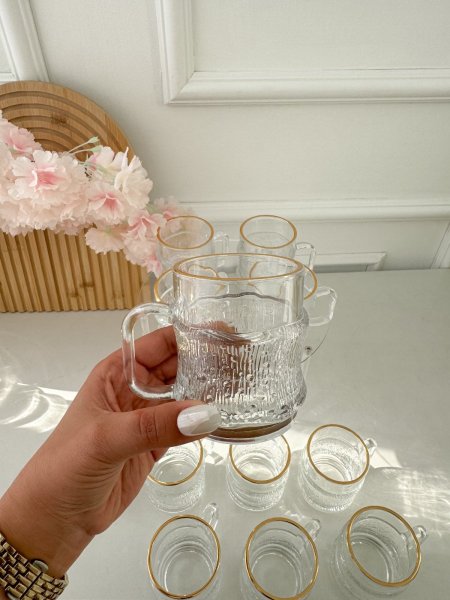 طقم/12كاسات شاي زجاج حز مذهب