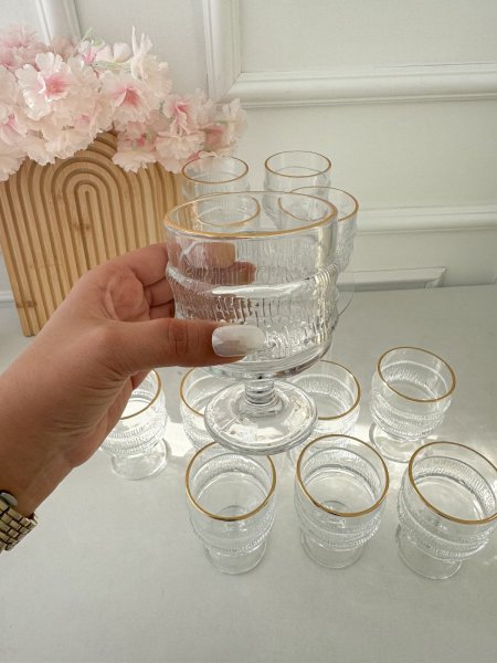 طقم/12كاسات عصير برجل زجاج حز مذهب