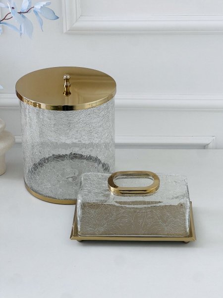 طقم سطل صالون+علبه محارم زجاج مذهب هندي