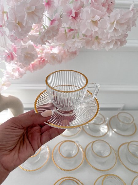 طقم12+12فناجين قهوه زجاج محزز حز مذهب