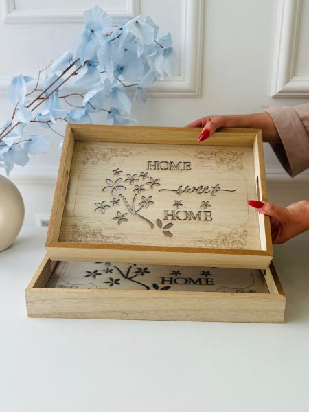 طقم صواني مستطيل 2 قطعه خشب+زجاج