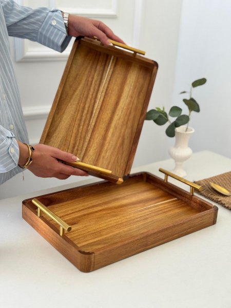 طقم صواني بامبو يد معدن/2