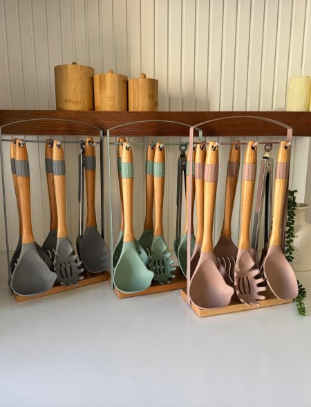 طقم مغارف سيليكون ستاند معدن قاعده خشب7قطع