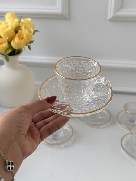 طقم6+6فناجين قهوه زجاج مثلج حز مذهب