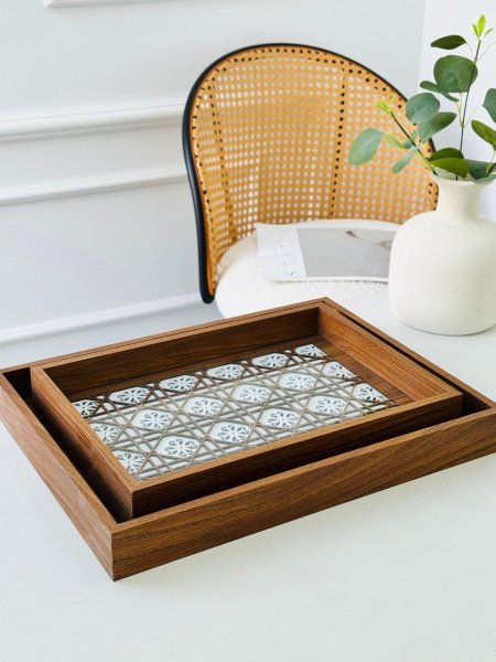 طقم صواني خشب وجه زجاج