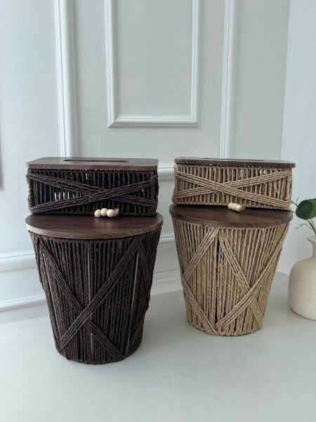 سطل+علبه محارم قش غطا خشب مدور