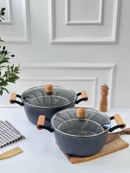 مقلى+مصفاه+غطا زجاج يد باميو