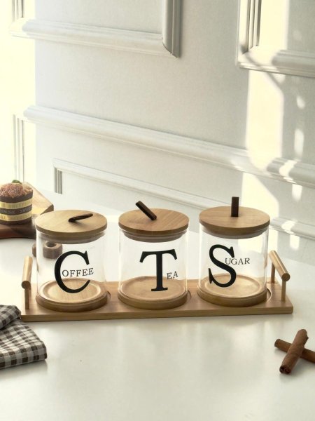 طقم سكريات شفاف 3 قطع + ستاند بامبو