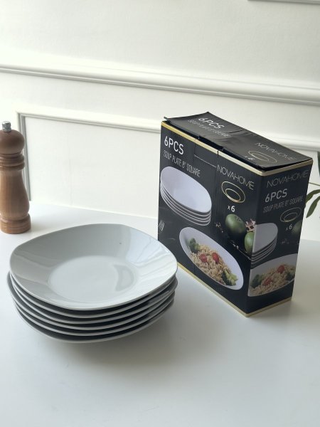 صحن 8 انش ابيض مربع عميق / 6